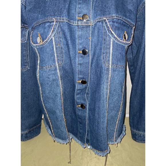 Vintage Haute Monde rhinestone chain trim Denim Jean Jacket M - Picture 3 of 10